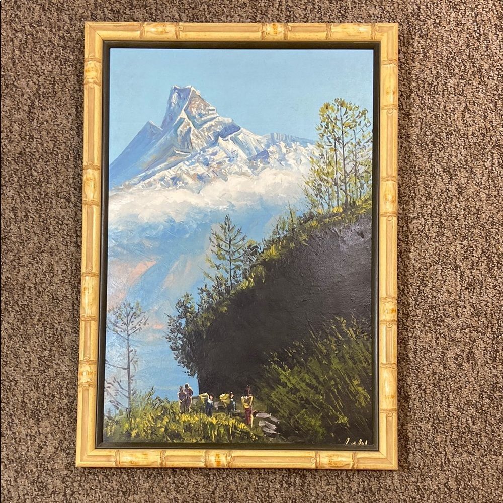 Vintage Blue and Green Mountain Painting Art